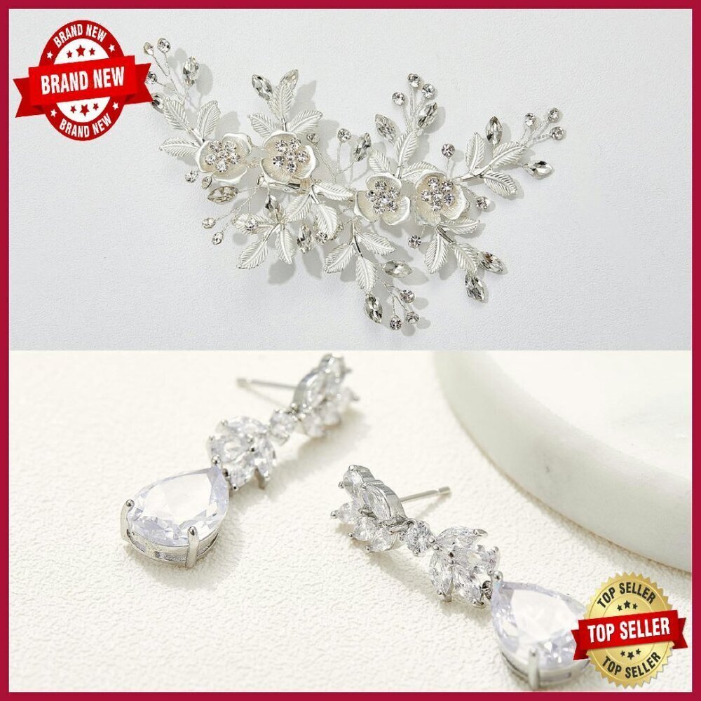 Silver Rhinestone Bridal Hair Comb Marquise Wedding Earrings Set
